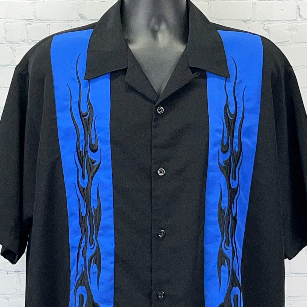 Vintage 90s MT:2 Flames Button Front Camp Shirt Fire Rockabilly Black XL X-Large